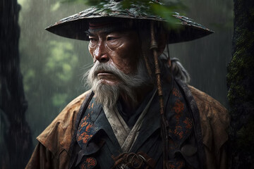 portrait of old samurai warrior in traditional Japanese armor in forest in rain. Generative AI illustration