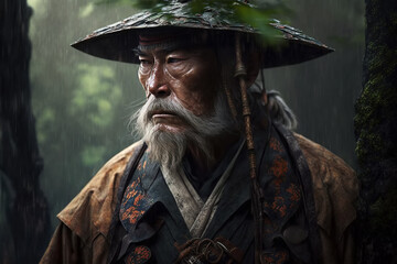 Obraz premium portrait of old samurai warrior in traditional Japanese armor in forest in rain. Generative AI illustration