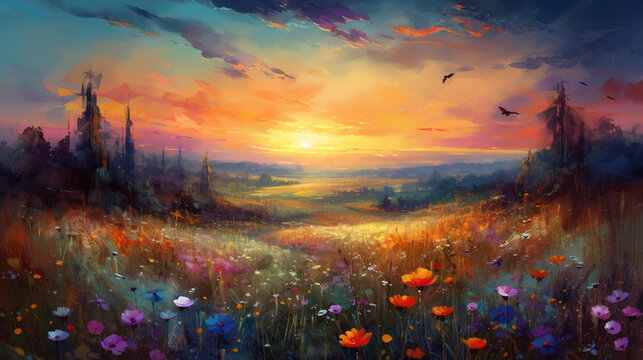 Landscape of a meadow at sunset with wildflowers and a beautiful sky. Oil painting in the impressionistic style. AI generative illustration.