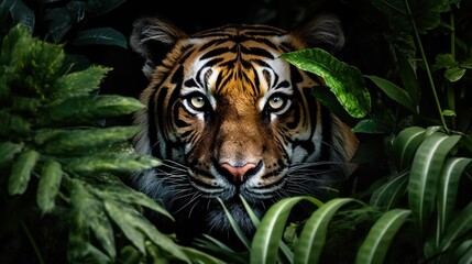 The tiger looks out from the thicket in the jungle