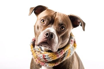 Portrait of a brown american staffordshire terrier in a scarf. Generated ai.