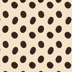 Seamless coffee beans pattern. Brown on beige. Cafe, restaurant, menu, textile, paper, wallpaper, decoration.