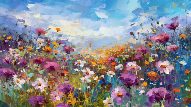Abstract art oil painting of field flowers. Impressionist style. AI generative image. © Osadchyi_I