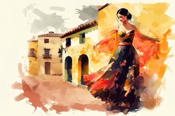 Watercolor image of a pretty woman flamenco dancer on a small spanish street. Generated ai. - obrazy, fototapety, plakaty