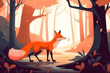 Cute fox in spring forest in 2d cartoon style. Generated ai.