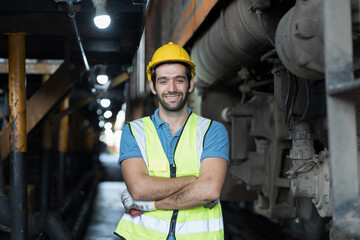 Portrait of male engineer worker maintenance locomotive engine, wearing safety uniform, helmet and...