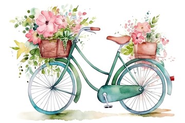 Fototapeta na wymiar Pastel colors cute old turquoise bicycle with flowers. Watercolor image. Generated ai.