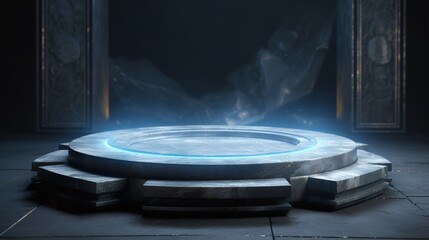 Generative Ai, there is a podium in a cyberpunk-style room surrounded by neon lights.