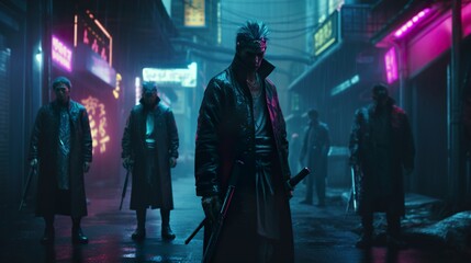 Generative AI, group of mafia members prepares for a fight under the neon lights in a cyberpunk city.