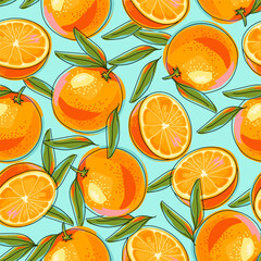 Seamless pattern with oranges and leaves. A whole orange and half a fruit. Bright colorful fruits on a blue background. Hand drawn in sketch style. Cartoon design. Vector.