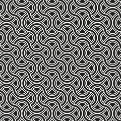 Seamless black and white geometric pattern. Intertwined curvy lines in art deco style. Wavy graphic structure. Decorative vector grid for textile, packaging, and artistic projects.