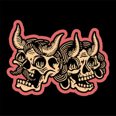  illustration vector of two skull head couple with horns.