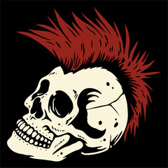 illustration vector of skull head with red mohawk hair - obrazy, fototapety, plakaty
