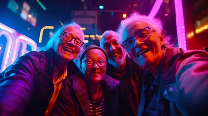 Obraz na płótnie Canvas Generative ai, group of senior friends having fun in a city cyberpunk with neon lights