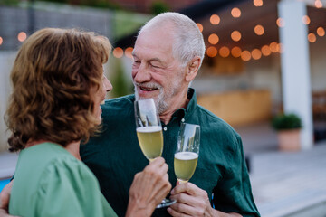Senior man with his wife celebrating birthday and toasting with wine near backyard pool.