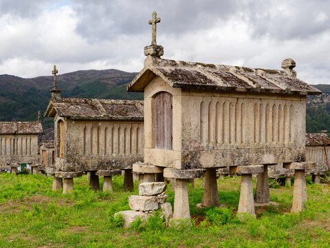 Lindoso Granaries or Espigueiros de Lindoso in Portugal. These narrow stone granaries have been used to store and dry out grain for hundreds of years. 