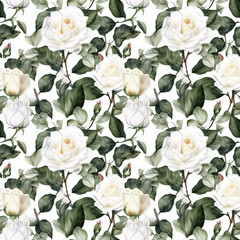 Seamless pattern with many white roses in watercolor style. Generative AI.