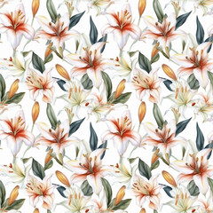 Seamless pattern with many lilies on white background in watercolor style. Generative AI.