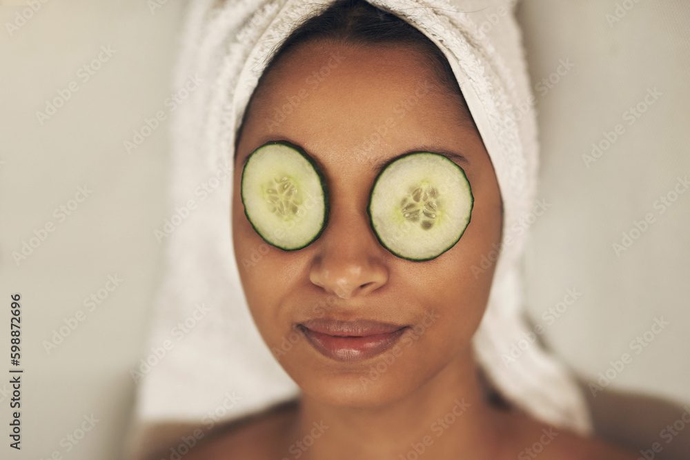 Sticker Feel the magic of relaxation and self-awareness overwhelming you. a woman relaxing in a spa with cucumber slices on her eyes.