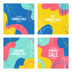 Summer Sale Commercial Set. Summertime theme sale promotional backgrounds. Hand drawn floral and abstract elements. Vector illustration.