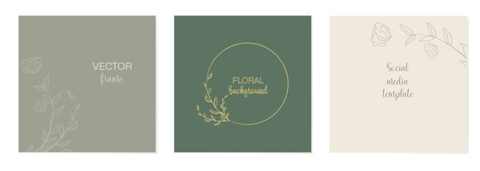 Abstract backgrounds, gentle tones with floral elements of handmade decor. Vector templates for flyer, poster, business card, postcard, magazine, social media post, banner, wedding invitation