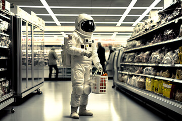 Unrecognizable man in an astronaut space suit holding basket while shopping in supermarket. Funny daily life concept. Generative AI. - obrazy, fototapety, plakaty