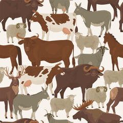Endless seamless pattern with ungulates. Decor for farm products and wildlife defender. Cow, deer, buffalo, bull, goat, ram, sheep, donkey, elk, horse. Farm pets. Household. Vector illustration.