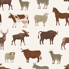 Endless seamless pattern with ungulates. Decor for farm products and wildlife advocates. Vector illustration.