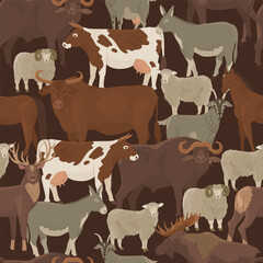Endless seamless pattern with ungulates. Decor for farm products and wildlife defender. Cow, deer, buffalo, bull, goat, ram, sheep, donkey, elk, horse. Farm pets. Household. Vector illustration.