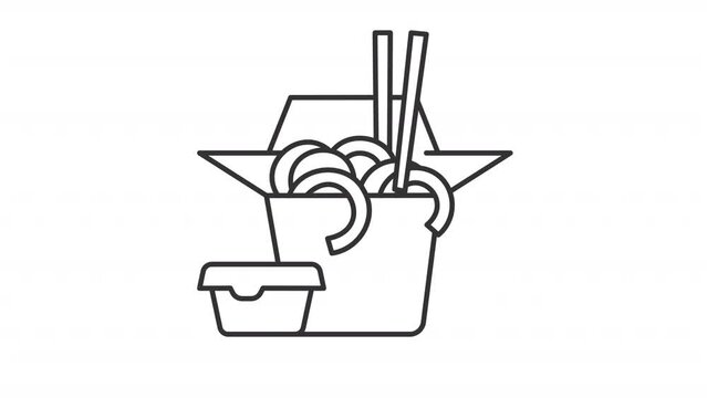 Animated ramen noodles line icon. Chopsticks taking vermicelli from package animation. Takeaway food. Asian takeout. Loop HD video with alpha channel, transparent background. Outline motion graphic