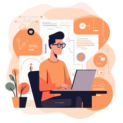 Flat cartoon multicolored drawing with a man working at a laptop against the background of charts. For your design.