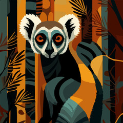 Cartoon drawing of funny lemur on jungle background. For your logo or sticker design. - obrazy, fototapety, plakaty