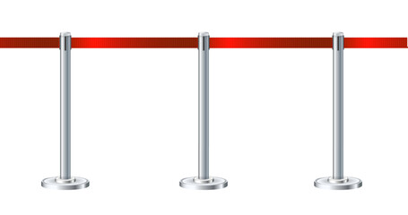 Obraz premium Retractable belt rack. Portable tape barrier. Red tape for fencing. Red carpet with red ropes on silver supports. Exclusive event, movie premiere, gala concert, awards ceremony.