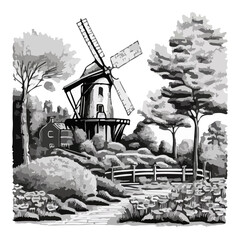 Black and white drawing of a rural landscape. Windmill and trees on a white background. For your logo or sticker design.