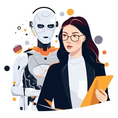 A beautiful girl with glasses speaks with artificial intelligence in the form of a robot. For your design.