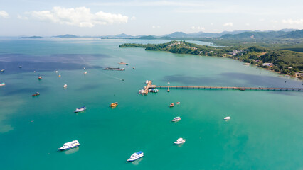 Obraz premium Aerial view of Ao Yon beach at sunset. , beautiful place Near the pier boarding point in Phuket, Thailand