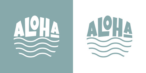 Logo vacaciones en Hawái. Letras de la palabra aloha con letras estilo hawaiano sobre olas de mar lineal con forma de círculo © teracreonte
