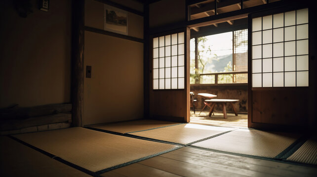 View from inside on japanese garden in Kyoto. Generative Ai