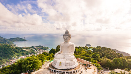afternoon light sky and blue ocean are on the back of Phuket Big Buddha statue.white Phuket big...