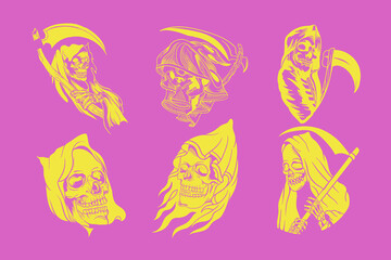 Illustration set of hand drawn vintage grim reaper