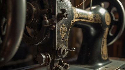 Fototapeta premium Old sewing machine closeup. Generative Ai