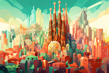 Illustration of beautiful view of the city of Barcelona, Spain - obrazy, fototapety, plakaty