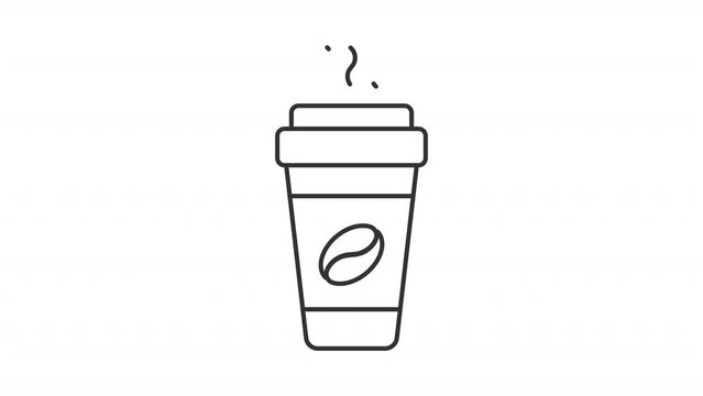 Animated coffee cup line icon. Latte steaming animation. Hot drink. Takeout beverage. Cafe delivery menu. Loop HD video with alpha channel, transparent background. Outline motion graphic