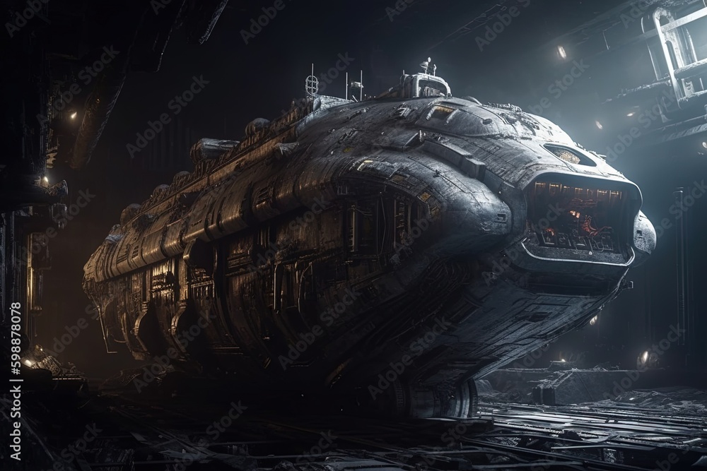 Wall mural abandoned spaceship floating in space illustration generative ai