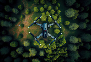 Fototapeta premium Aerial view to Modern drone flies above forest. Dark drone in air against the backdrop of landscape.