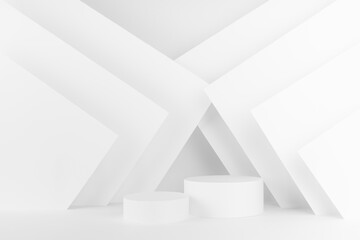 White abstract scene with two cylinder podiums, mockup for presentations of cosmetic products, goods, design, sale with soft light lines, corners in futuristic minimalistic geometric style.