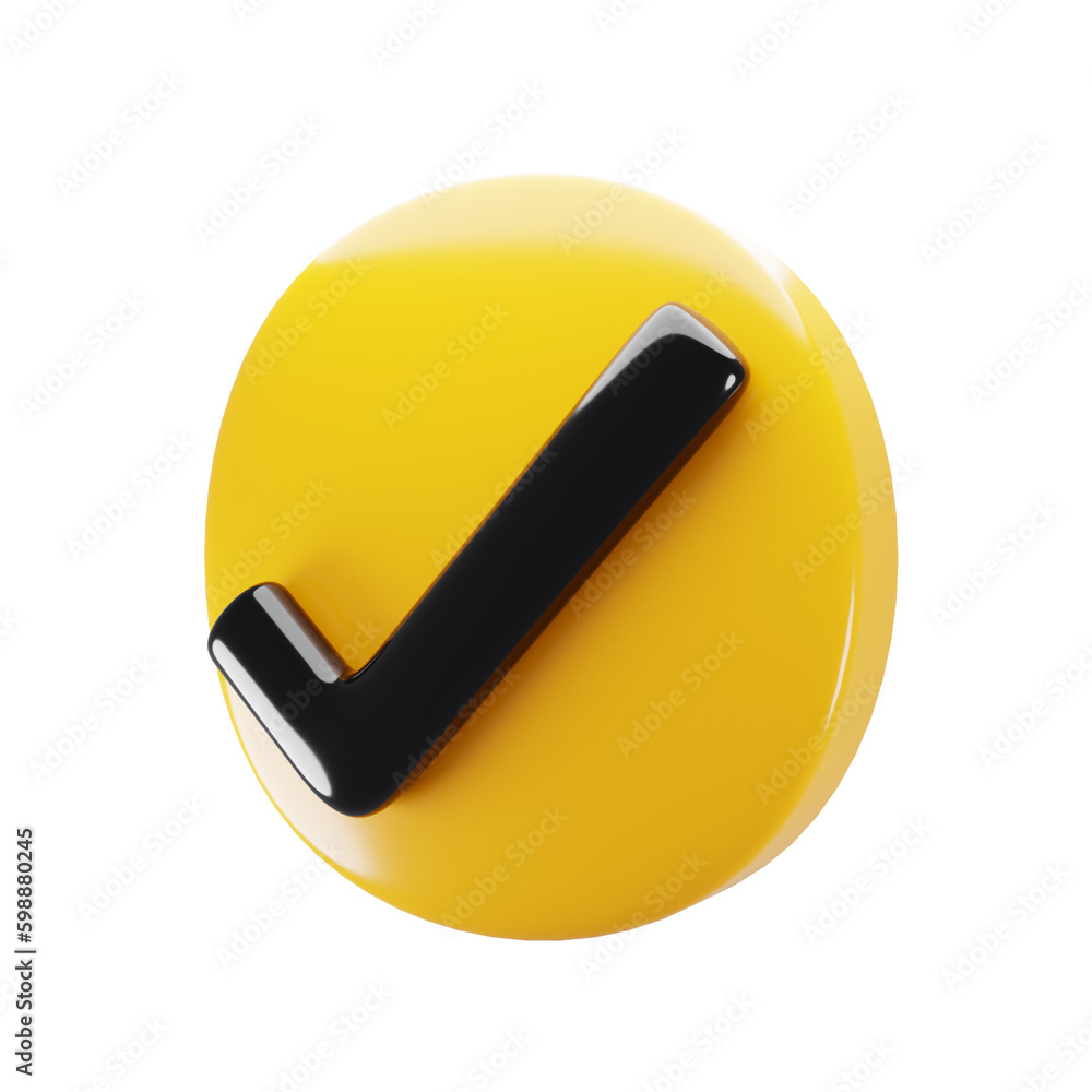Poster 3d yellow check mark icon. round checklist button icon. acceptance concept. 3d rendering illustratio