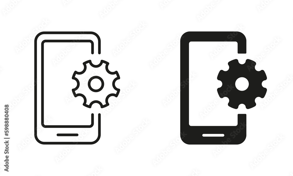 Poster update smartphone line and silhouette icon set. updating operating system, repair mobile phone picto