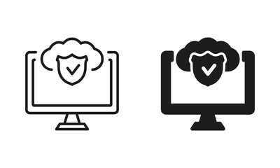 Cloud Protection Line and Silhouette Icon Set. Safety Cloud Computing Pictogram. Private Data Protection Concept. Computer and Shield Symbol Collection. Isolated Vector Illustration Generative AI