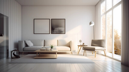 Obraz na płótnie Canvas Stylish scandinavian living room with design furniture, plants, beatifull lighting. wooden desk. Abstract painting on the white wall. Modern decor of bright room, Generative AI